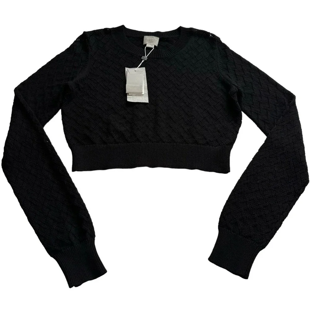 GREY Jason Wu Women's Sweater Large Black Open Knit Long Sleeve Cropped‎ Top